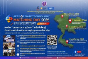 ขอเรียนเชิญเข้าร่วมงานมหกรรม “เศรษฐกิจฐานราก: แก้จน ลดหนี้ เพิ่มรายได้ ด้วยเทคโนโลยีที่เหมาะสม” Appropriate Technology MATCHING DAY 2025 ภาคเหนือ และประชาสัมพันธ์และคัดเลือกผลงานนวัตกรรมพร้อมใช้/เทคโนโลยีที่เหมาะสมส่งเข้าร่วมแสดงผลงาน