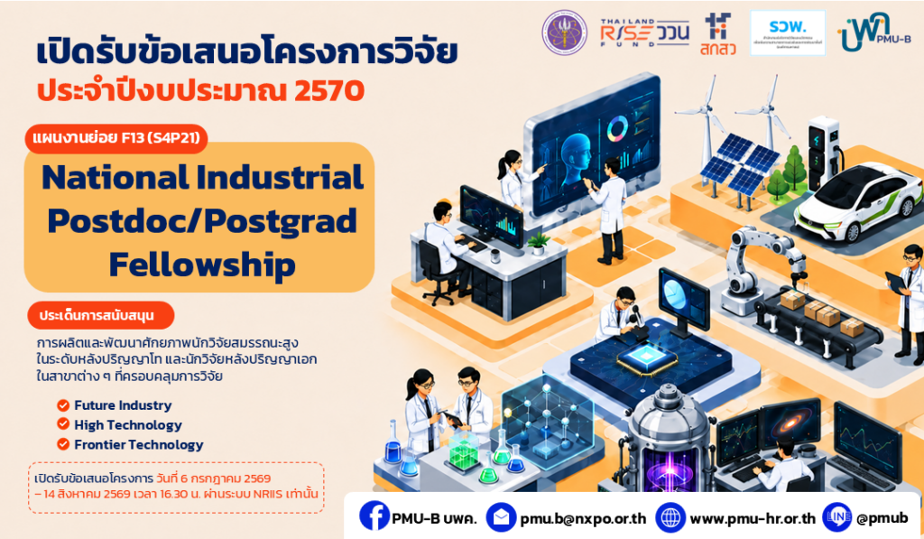 เปิดรับข้อเสนอโครงการวิจัย ประจำปีงบประมาณ 2570 National Industrial Postdoc/Postgrad Fellowship