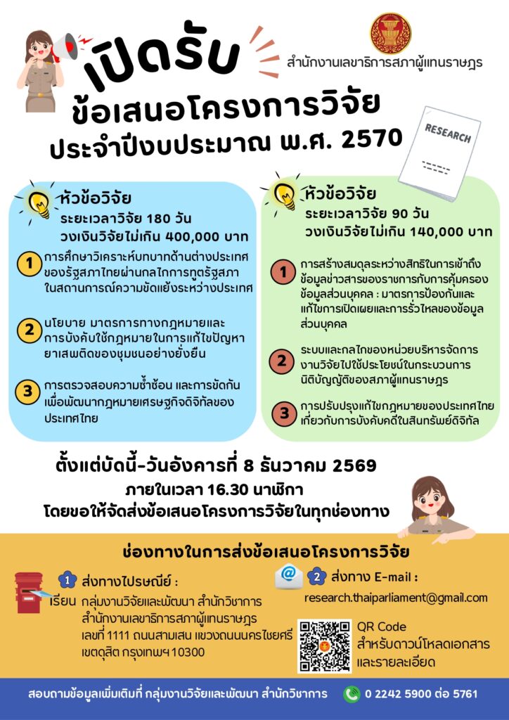 [เปิดรับสมัคร] สำนักงานเลขาธิการสภาผู้แทนราษฎร เปิดรับข้อเสนอโครงการวิจัย ประจำปีงบประมาณ พ.ศ. 2570