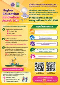 ประชาสัมพันธ์การจัดกิจกรรมการประกวดผลงานนวัตกรรมสายอุดมศึกษา ประจำปี 2567 (Higher Education Innovation Awards 2024) [1 เมษายน 2024]